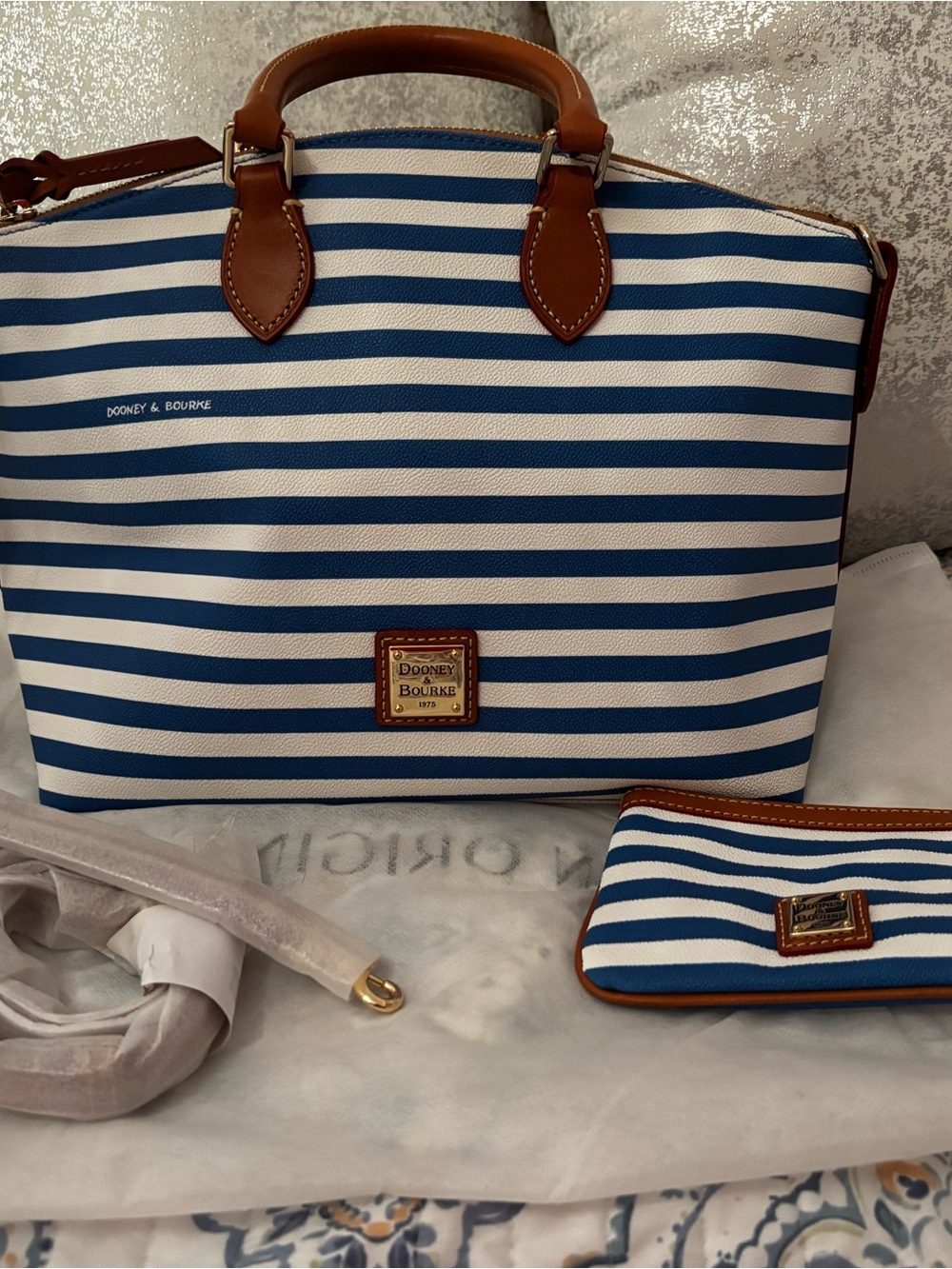Dooney & Bourke Blue and White Striped Tote with Brown Leather Trim - Picture 2 of 10